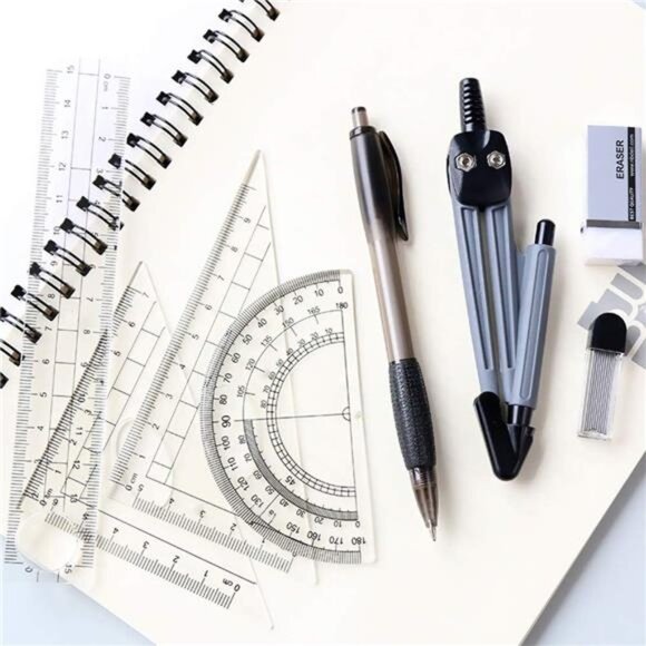 Math Geometry Kit Set, 8 Pieces w/ Shatterproof Storage Box - Rulers, Protractor - Picture 3 of 7